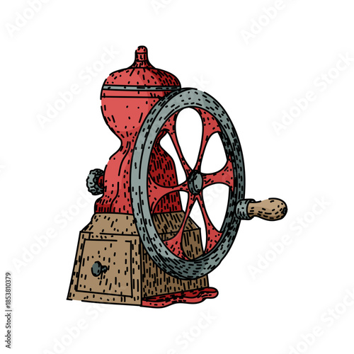 Manual coffee grinder featuring a classic hand cranked wheel for grinding fresh coffee beans, representing traditional preparation methods and vintage kitchen equipment