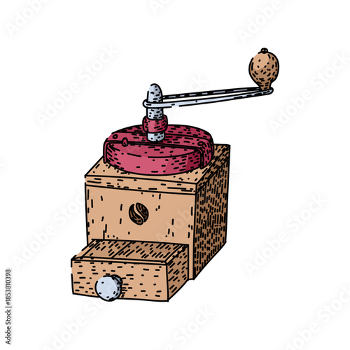Hand drawn vintage coffee grinder illustration featuring a wooden box, red top, and crank, representing morning rituals, fresh beverage preparation, and traditional kitchen equipment