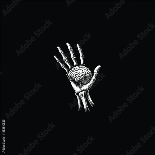 Vintage hand-drawn illustration of a skeletal hand reaching upward and cradling a detailed human brain in its palm, set against a solid black background.