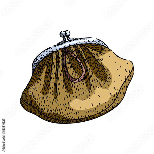 Classic coin purse sketch illustrating personal finance, budgeting and savings with vintage flair hand drawn doodle showing cash, coins and retro wallet accessory