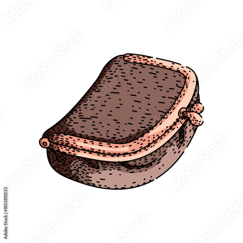 Old fashioned coin purse sketch with clasp, symbolizing personal savings, small change, budgeting and everyday finances for vintage style financial, shopping and banking concepts