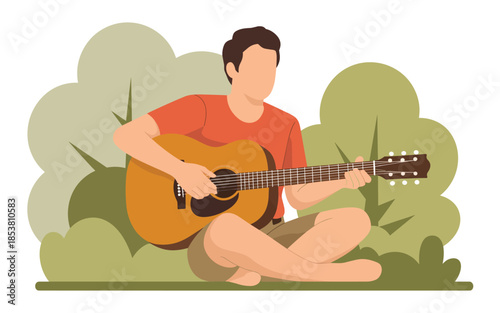 Man playing guitar outdoors in a serene natural environment