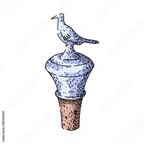 Decorative vintage style hand drawn wine stopper topped with a bird figure on a cork, sketched engraving for sealing bottles, barware, kitchen or winery illustration