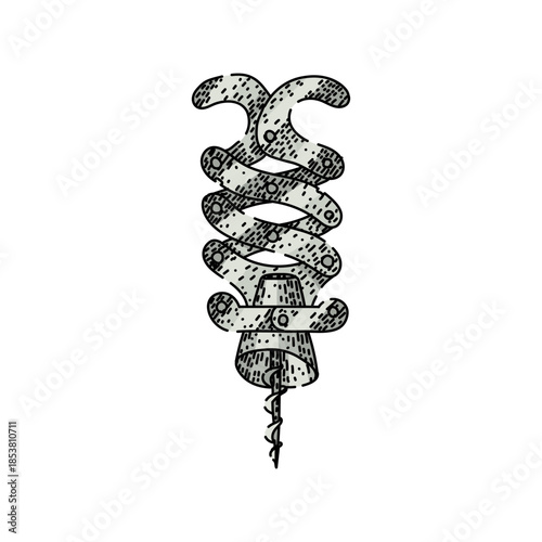 Vintage style corkscrew illustration showing the spiral worm and part of the expanding wing mechanism, monochrome line art on white background for wine service