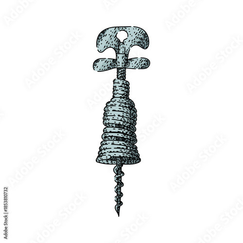 Hand drawn vintage corkscrew illustration featuring an antique style design, depicting a classic bar tool for opening wine bottles and beverage containers with ease on a white background