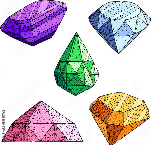 Diverse collection of precious faceted gemstones and diamonds displaying various vibrant colors and shapes, rendered in a distinctive hand drawn sketch style