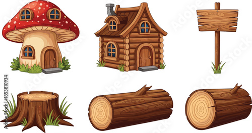 Set of fairy tale forest game assets featuring mushroom house, wooden log cabin, timber signpost, tree stump, and wood logs.