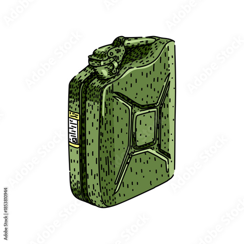 Green metal jerry can on a white background, symbolizing fuel storage, transport and emergency reserve for travel, camping, automotive maintenance and outdoor expeditions