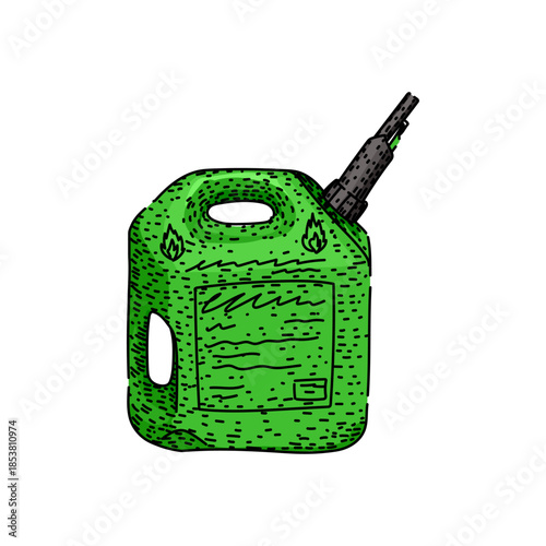Green plastic fuel can with pouring spout and handle, hand drawn vector style with warning flammability symbols, portable emergency gasoline container for vehicles and machinery