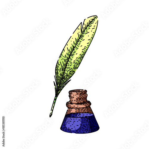 Quill pen and inkwell with deep purple ink in hand drawn sketch style, evoking vintage writing, storytelling, education, literature, and historical communication