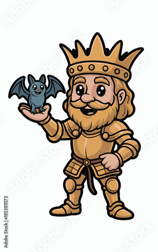 Cute Cartoon King In Golden Armor Holding Small Blue Bat Vector Illustration