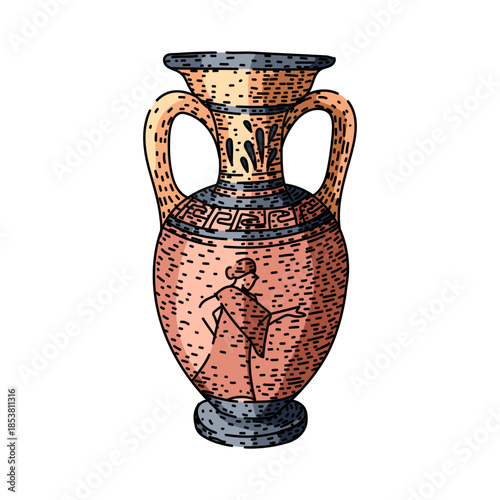 Ancient greek amphora vase featuring a classic meander pattern and a historical figure, illustrating ancient art, history, and mythology with traditional ceramic decoration