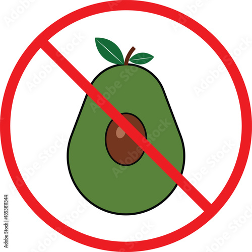 no avocado icon. Food allergy prohibition symbols. Avocado forbidden graphic design. Dietary restriction and safety signs. Pet safety and toxin warning signs