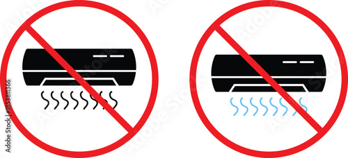 no Air conditioner icon. AC prohibition symbols. Cooling system forbidden graphic design. HVAC restricted and safety signs. Natural ventilation zone signs
