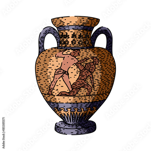 Ancient greek terracotta amphora with red figure illustration of two stylized warriors locked in combat, classic mythological motif on white background, museum artifact