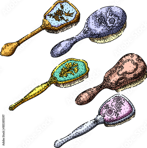 Collection of five intricately decorated vintage hairbrushes in an etched illustration style, showcasing timeless elegance and luxurious personal care grooming tools