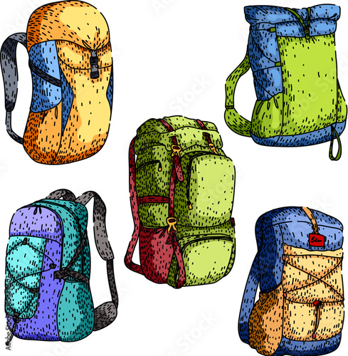 Collection of five vibrant hand drawn backpacks, representing various designs and colors suitable for travel, camping, hiking, and outdoor adventures, symbolizing journey and exploration