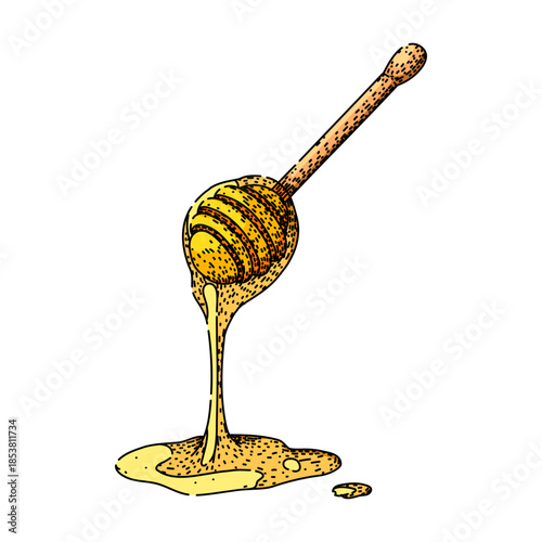 Wooden honey dipper stick slowly dripping sweet golden honey, creating a delicious puddle below, representing natural sweetness, organic food, and culinary delight