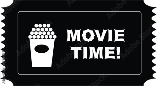 Black movie ticket vector with popcorn icon and “Movie Time!” text in a bold decorative font. This flat, minimal illustration represents cinema, film night, entertainment, and movie theater experience