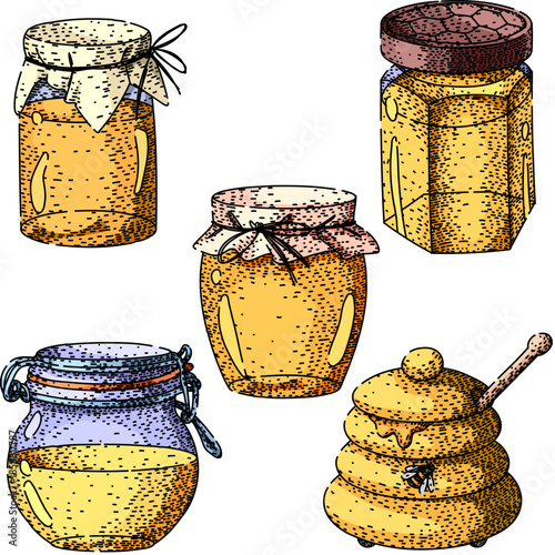 Various glass jars filled with golden honey and a decorative beehive shaped honey pot with a dipper and bee, presenting a sweet and natural food concept