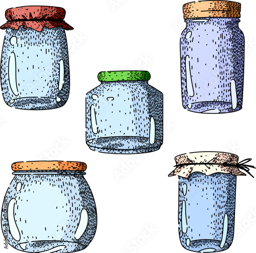 Glass jars collection displaying different designs and forms, with some featuring traditional cloth covers, representing empty storage and old fashioned kitchen containers concept