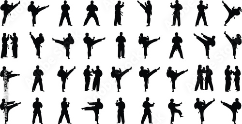 Martial arts silhouettes, karate kicking poses, self defense training figures, combat practice illustration, martial artist vector set, fighting stance silhouettes