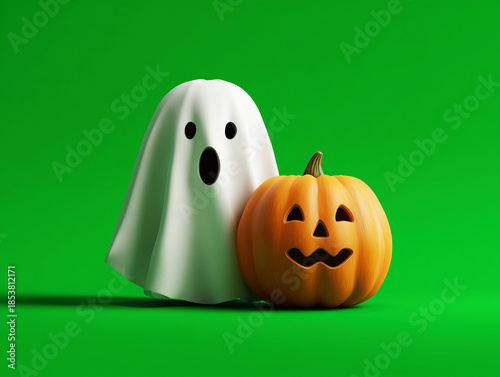Photo illustration of a halloween ghost and pumpkin face with scary smile on a green background.