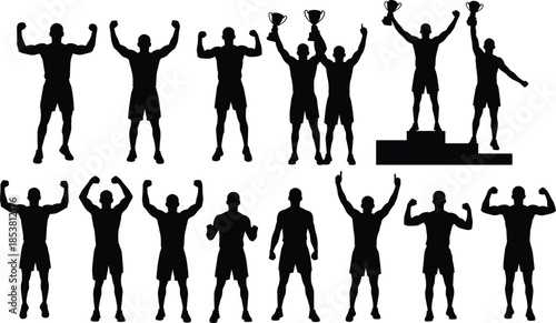 Silhouette athletes celebrating victory, flexing muscles, holding trophies, standing on podium, sports winners posing confidently, fitness champions achievement collection