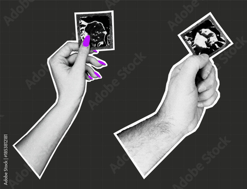 Female cutout hand holding a condom. Male grunge hand holding a contraceptive. Retro halftone sticker collage