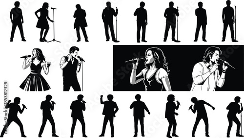 Singer silhouettes, live performance poses, male and female vocalists illustration, music concert vector set, microphone singing artwork, stage performer silhouettes