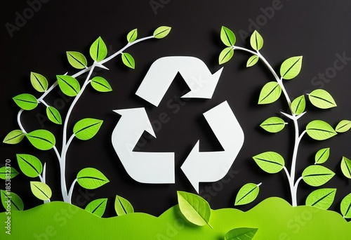 Intricate paper cut banner featuring recycling symbol and leaves, promoting eco-friendly recycling,  symbol,  background