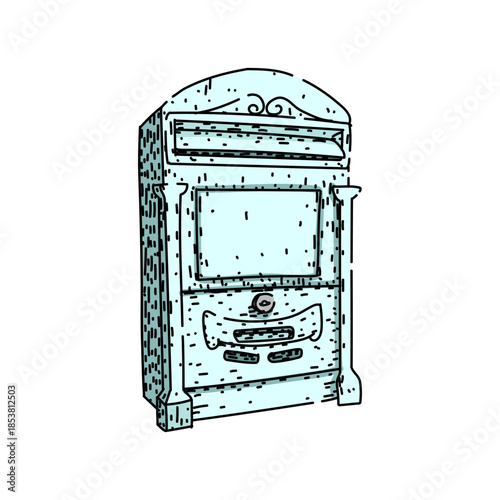 Decorative hand drawn vintage postbox illustration featuring a classic design, representing communication, mail delivery, and postal service in a nostalgic and stylized way
