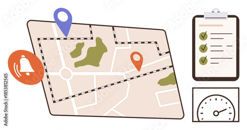 Map with location markers, notification icon, checklist clipboard, and speedometer gauge. Ideal for navigation, task tracking, productivity, planning, performance organization and focus simple flat