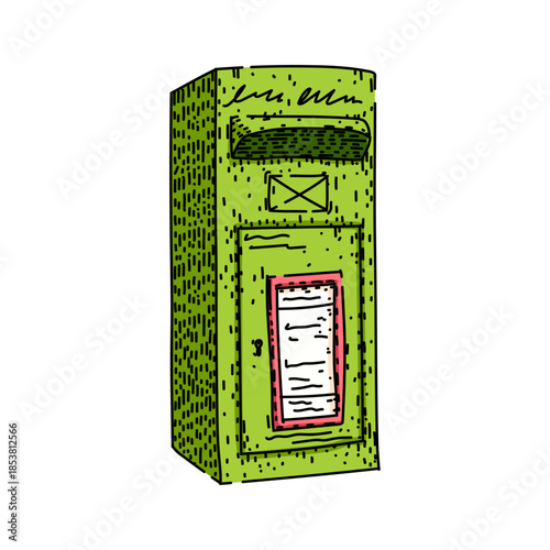 Green post box illustration, vintage hand drawn style on white background, symbolizing postal service, mail delivery, correspondence and communication for design use
