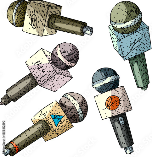 Multiple microphones representing journalism, broadcasting, and media communication, featuring a distinct retro engraving style for various reporting events