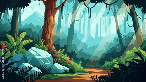 Serene Forest Path Bathed in Sunlight A Lush Tropical Landscape Illustration