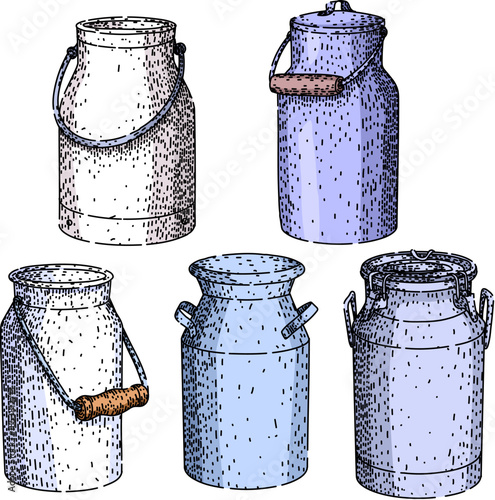 Set of assorted hand drawn milk churns showcasing traditional containers used for dairy farming and production, ideal for rustic and agricultural themes