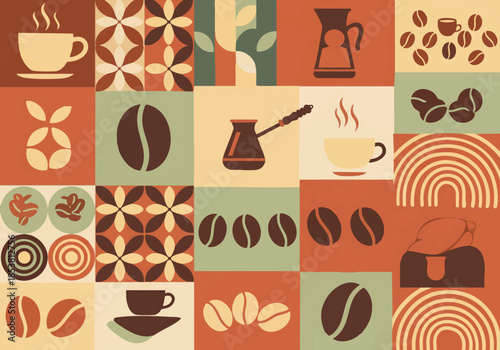 Mid-Century Modern Coffee Abstract Pattern and Geometric Cafe Wall Art