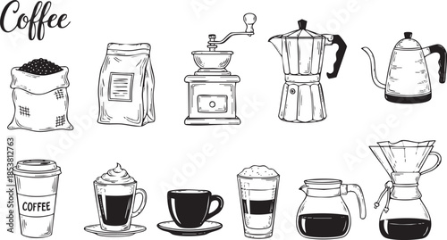 Hand-Drawn Coffee Brewing Equipment and Cafe Drink Illustration Set