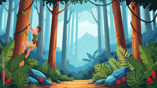 Adventurous woman climbing a tree in a lush, vibrant jungle scene with ancient ruins in the background