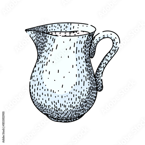 Hand drawn milk jug sketch filled with fresh dairy, evoking classic kitchen mornings, rustic farmhouse charm and simple breakfast essentials in a vintage outline style