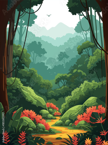 Vibrant jungle landscape with a winding stream and lush green foliage under a hazy sky