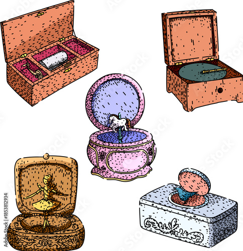Various classic music boxes in different styles and opening mechanisms, including dancing ballerina, carousel horse, and traditional jewelry boxes, illustrating retro melody and keepsake concepts