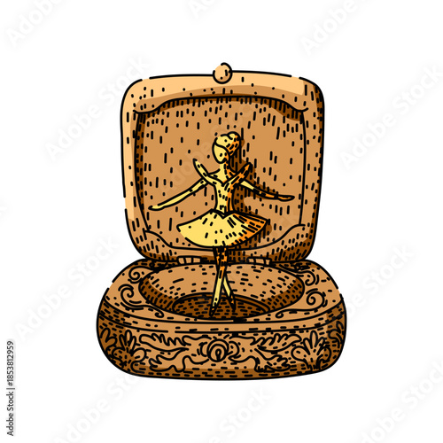 Ornate wooden music box playing a melody, revealing a delicate golden ballerina figurine dancing inside, representing childhood memories, elegance, and vintage charm