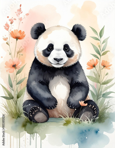 パンダの水彩画調のイラスト, AI生成画像