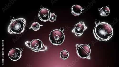 Glowing planets and galaxies in transparent ornaments floating in space