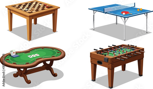 Set of indoor game tables including wooden chess and checkers table, blue ping pong table, green poker table, and classic foosball table, vector.