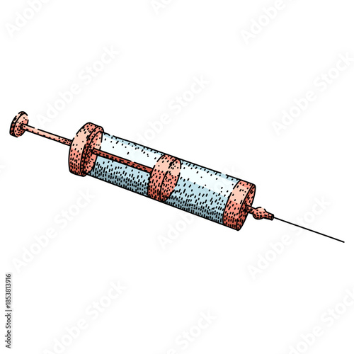 Glass syringe illustration of vintage medical equipment, engraved style sketch evoking vaccination, treatment, public health, and historic healthcare instruments and therapy
