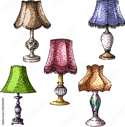 Five decorative vintage table lamps presenting various styles, shapes, and colors, illustrated with a classic hand drawing and engraving technique, representing retro design and home decor