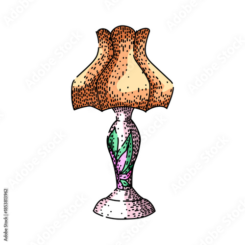 Vintage table lamp illustration featuring a decorated stand with green and pink leaves, and an old fashioned pleated shade, perfect for design elements